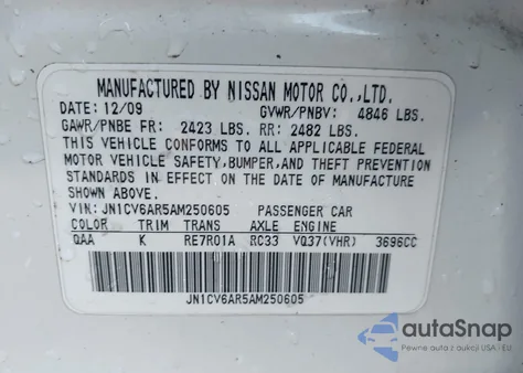 2010 Infiniti G37X z USA, uszkodzony, nr VIN JN1CV6AR5AM250605